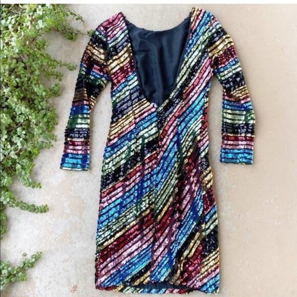 ALCOOLIQUE Peyton Tubolar Black Rainbow Stripe Sequin Mesh Mini Backless Dress 4 - Picture 4 of 8